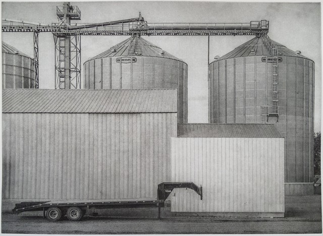 Polymer photogravure intaglio print of grain bins and elevator in McCanna, North Dakota