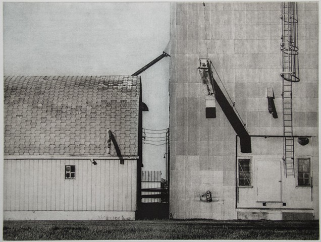 Grain elevators at railroad siding in North Dakota. One-plate polymer photogravure print on pescia paper by John Pearson.