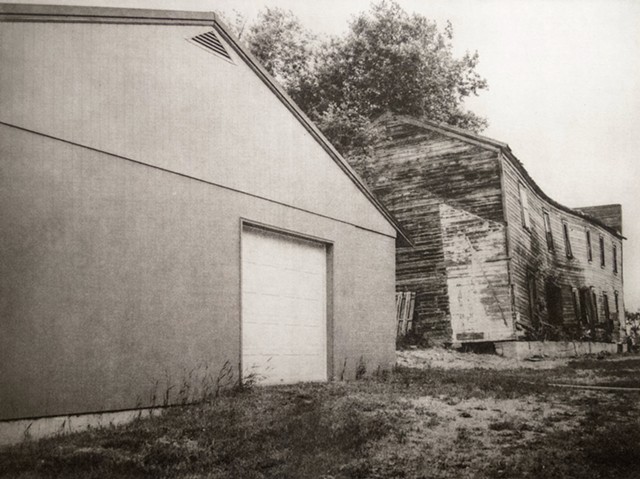 A new pole barn next to a dilapidated frame building in Niagara, North Dakota. One-plate polymer photogravure print on pescia paper by John Pearson.