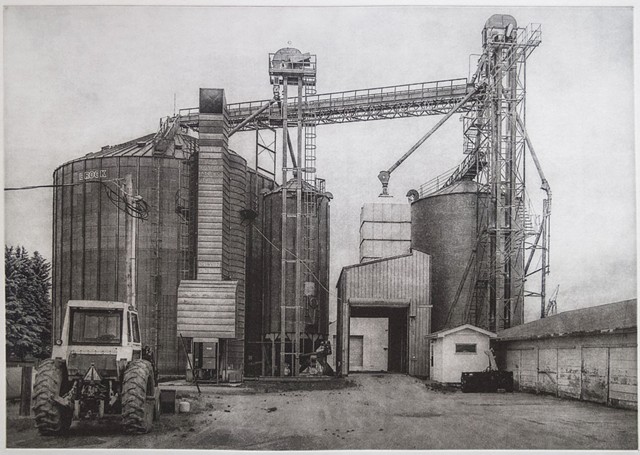Polymer photogravure intaglio print of grain operation in a small North Dakota town.