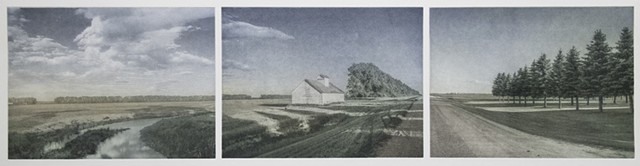 A horizontal North Dakota landscape of a farm buidling, county road, and fields. Three-plate Polymer photogravure print by John Pearson.