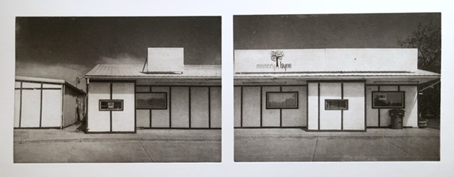 Storefront in Emerado, North Dakota. Two-plate polymer photogravure by John Pearson printed on pescia paper.