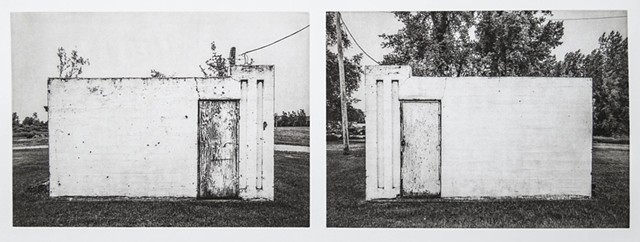 Two sides of a small utility structure near Larimore, ND, are shown next to each other. Polymer photogravure intaglio print by John Pearson. other