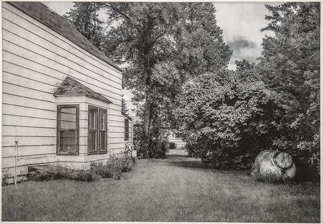 Polymer photogravure intaglio print by John Pearson of a residential side yard in a small town in North Dakota.