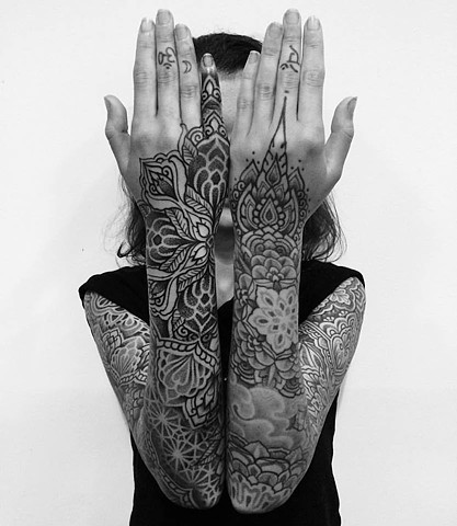 Healed tattoo sleeves. Ornamental mandala pattern tattoos by Alvaro Flores, Melbourne Australia