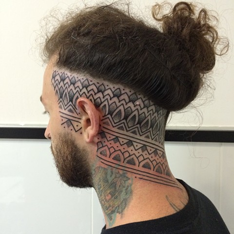 black ink geometric Pattern head tattoo by Alvaro Flores Tattooer Cadiz, Spain Melbourne Tattoo Studio