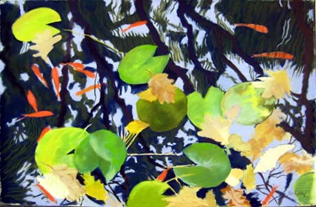 Goldfish with pond reflections
