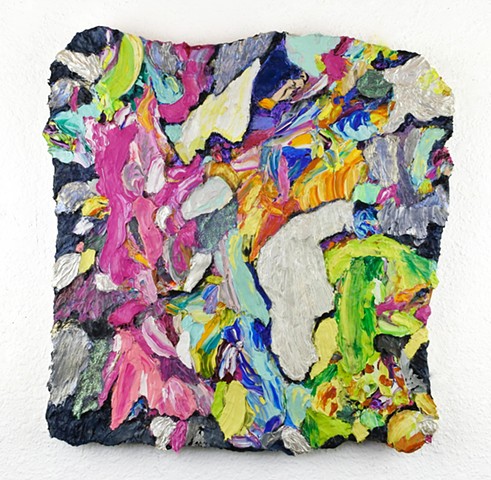 Thick impasto paint, abstract , multidimensional, pink, blue, yellow, grey, green, iridescent, sculptural paint