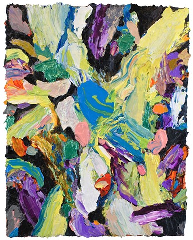 Thick impasto paint, abstract , multidimensional, Pearl, black, yellow, blue, pink, iridescent, sculptural paint