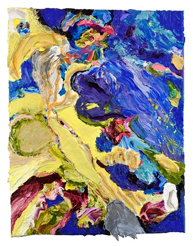 Thick impasto paint, abstract , multidimensional, burgundy, blue, yellow, iridescent, sculptural paint