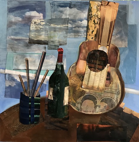 Rendition on guitar, collage and oil canvas, original artwork by Kate Harr