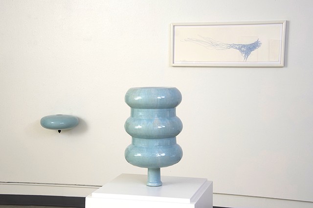 blue water bottle ceramic sculpture drawing installation by artist Jeff Krueger