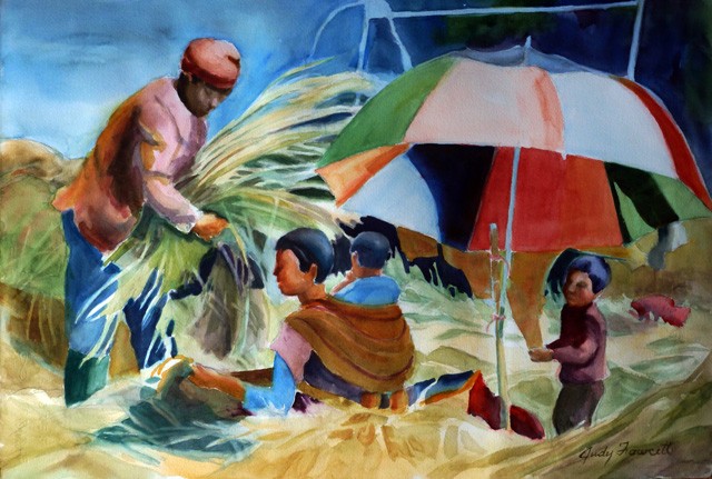 realistic watercolor figure painting of foreign culture, farm life