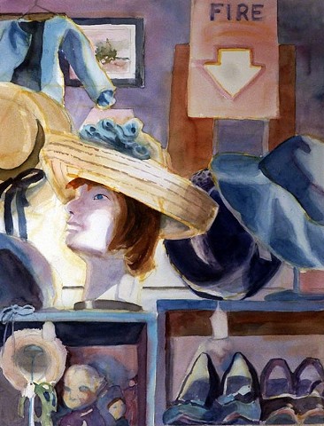 muted colors, warm glow on this antique shop painting of life-like manikin, hats, shoes