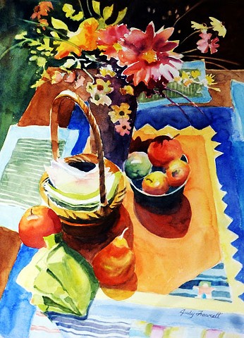 award winner, colorful, bold watercolor still life with strong light and shadow with table bouquet, fruit, 
