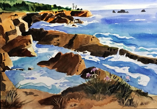 Arial view of surf & ocean on Oregon coast, rugged cliffs, waves, surf and distant shores.  