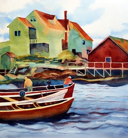 Fishermen starting out of mooring in Peggy's Cove, waterfront homes in background.
