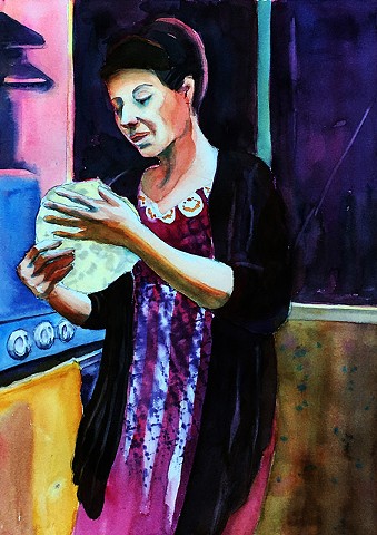 the light on the figure adds drama to the simple act of making a tortilla
