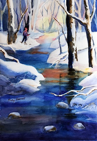 bold, colorful winter scene, shadowed snow, strong reflections, difuse lighting