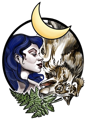 Wolf and woman with moon and fern in neotraditional illustrative style.
