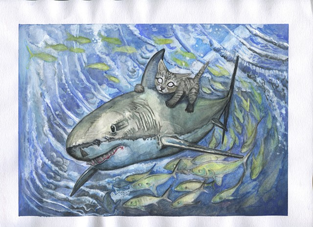 Illustration of a kitten riding a shark underwater
