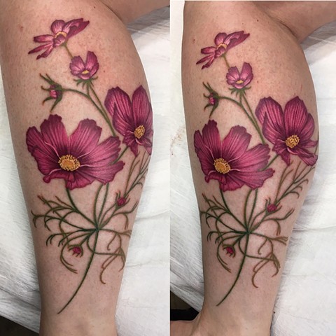 Pink cosmos flowers tattoos