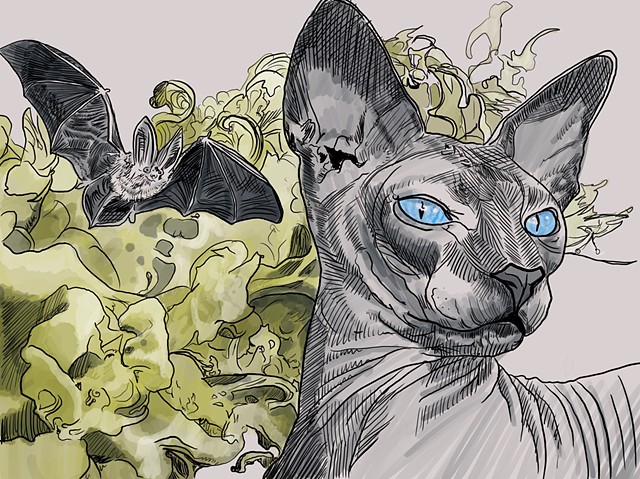 Digital sketch: cats, bats, smoke