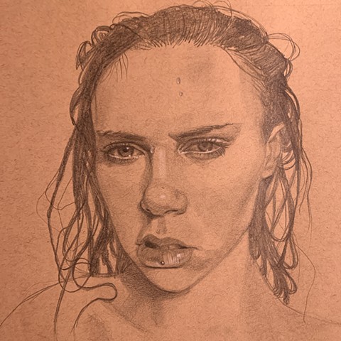 Girl with wet hair from the shower drawn in pencil, a study sketch