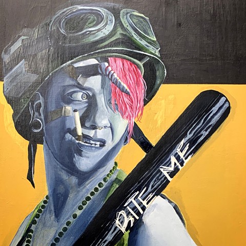 UNICORN TANK GIRL painting of a girl with cigarette in mouth and baseball bat