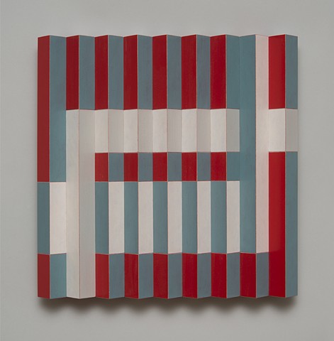 blue red abstract colorful playful relief grid woodworking wood sculpture by artist Emi Ozawa