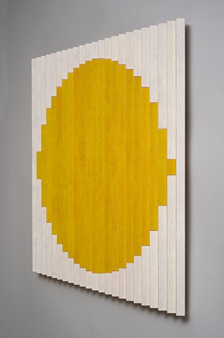 Sun colorful abstract painted wood sculpture by artist Emi Ozawa