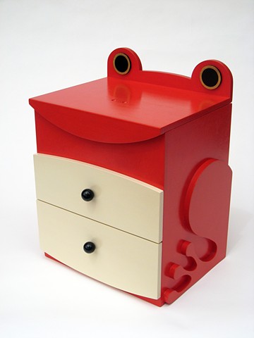 red tomato frog abstract animal woodworking colorful playful kinetic wood sculpture by artist Emi Ozawa