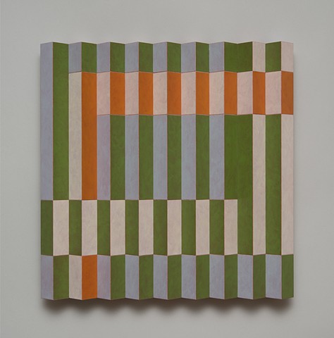 green carrot abstract colorful playful relief grid woodworking wood sculpture by artist Emi Ozawa