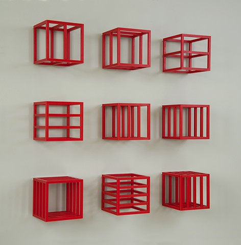 red grid cube abstract colorful playful wood sculpture by artist Emi Ozawa