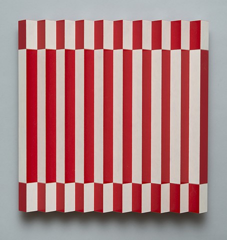 red white stripes interactive abstract colorful playful relief grid woodworking wood sculpture by artist Emi Ozawa