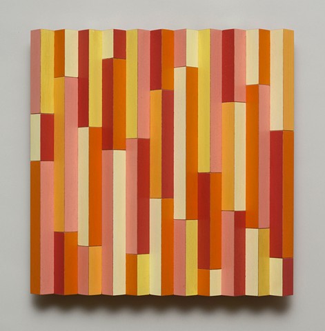 orange abstract colorful playful relief woodworking wood sculpture by artist Emi Ozawa