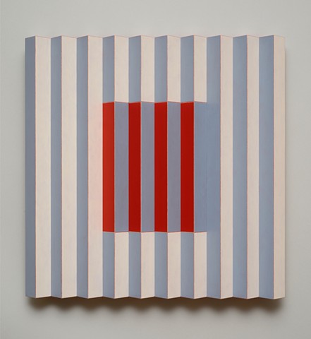 red blue stripes interactive abstract grid woodworking colorful playful relief wood sculpture by artist Emi Ozawa