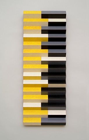 yellow black stripes abstract grid woodworking colorful playful relief wood sculpture by artist Emi Ozawa