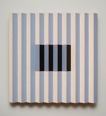 black blue stripes interactive abstract grid woodworking colorful playful relief wood sculpture by artist Emi Ozawa