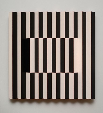 black white stripes interactive abstract grid woodworking colorful playful relief wood sculpture by artist Emi Ozawa