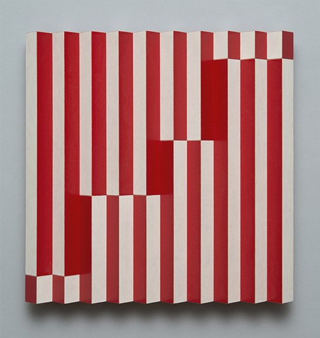red white stripes interactive abstract grid woodworking colorful playful op art relief wood sculpture by artist Emi Ozawa