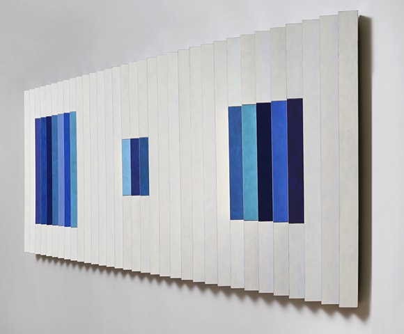 white blue stripes abstract grid woodworking colorful playful relief wood sculpture by artist Emi Ozawa