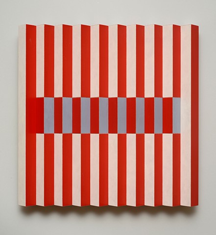 red stripes op art interactive abstract grid woodworking colorful playful relief wood sculpture by artist Emi Ozawa