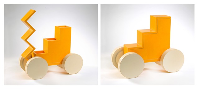 yellow tangerine woodworking colorful playful kinetic wood sculpture by artist Emi Ozawa