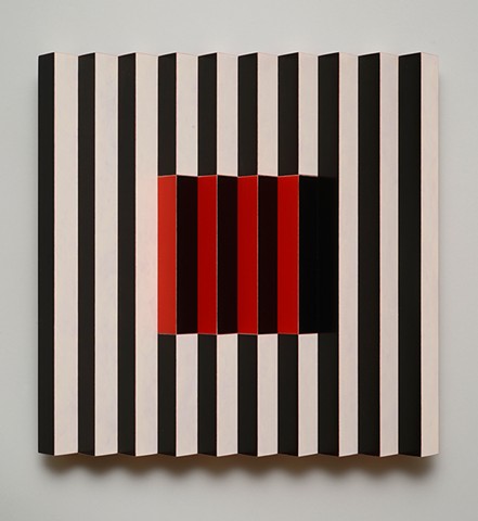 red black stripes interactive abstract grid woodworking colorful playful relief wood sculpture by artist Emi Ozawa