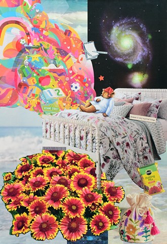 mixed-media collage on paper of sleepy-time tea bear on a bed red yellow and orange flowers space star swirl the ocean and magic satchel by Holly Campbell