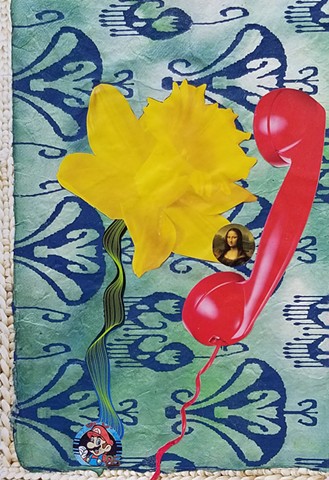mixed-media collage on paper of, red phone, Mario Nintendo, and Mona Lisa with a chunky sweater pattern and a yellow daffodil by Holly Campbell