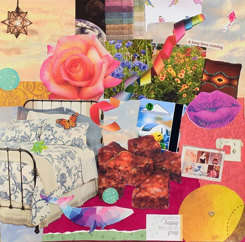 collage on paper with brownies bed lips pink rose ribbons rainbow a dolphin by Holly Campbell