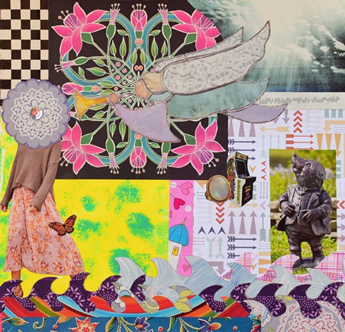 mixed-media collage on paper with archangel gabriel trumpet art-deco flowers sky checker-board mandallas rings arrows mono-prints yellow waves mixed-media papers collages fairy houses sequins by Holly Campbell