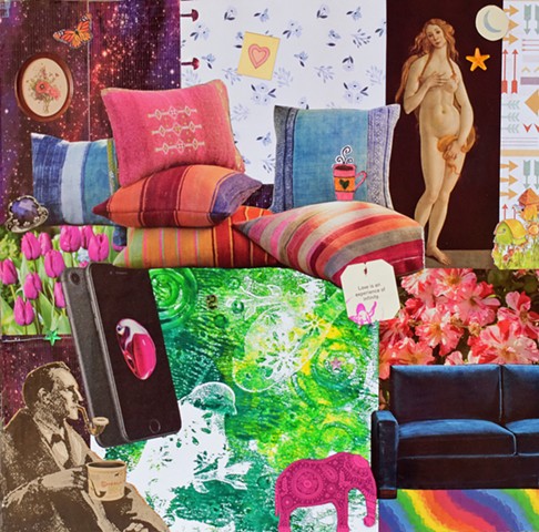 mono-printed mixed-media collage on paper with venus Botticelli pillows rainbow duct tape sherlock holmes blue velvet couch elephants samsung galaxy arrows coffee cups birdhouses bird stencils by Holly Campbell